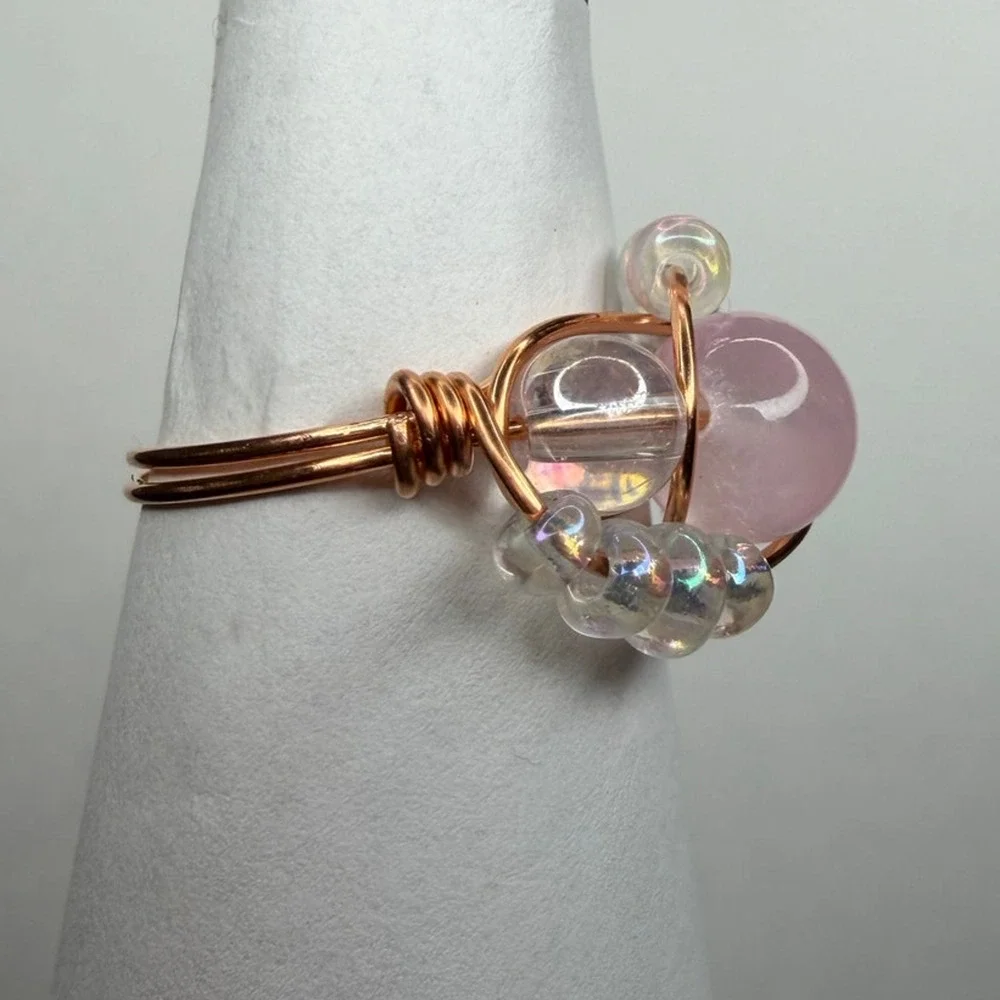 Pink Selenite ring copper handmade colored gemstone size 8